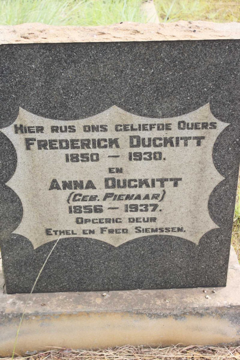 DUCKITT Frederick 1850-1930 &amp; Anna PIENAAR 1856-1937