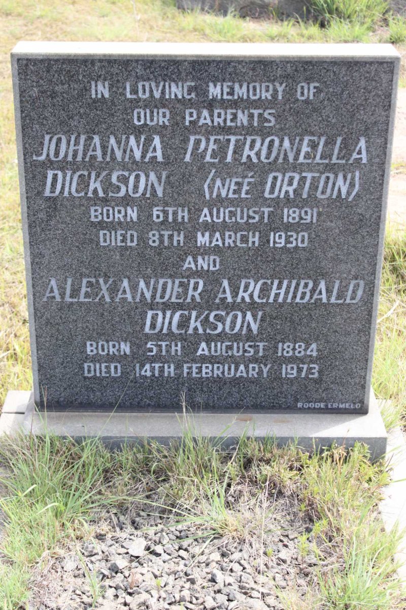 DICKSON Alexander Archibald 1884-1973 &amp; Johanna Petronella ORTON 1891-1930