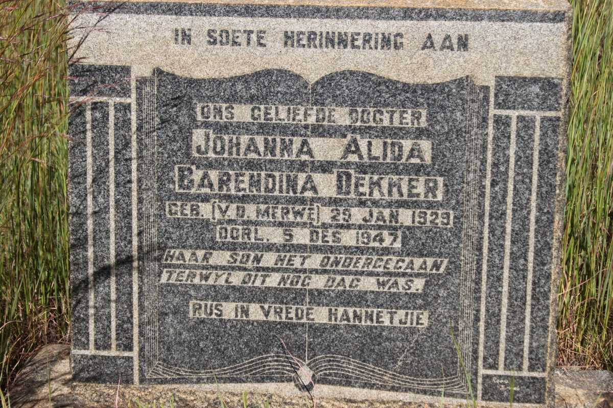 DEKKER Johanna Alida Barendina geb v.d. MERWE 1929-1947