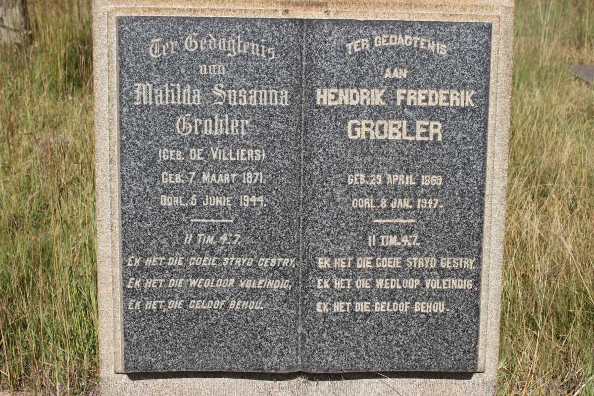 GROBLER Hendrik Frederik 1869-1947 &amp; Matilda Susanna DE VILLIERS 1871-1944