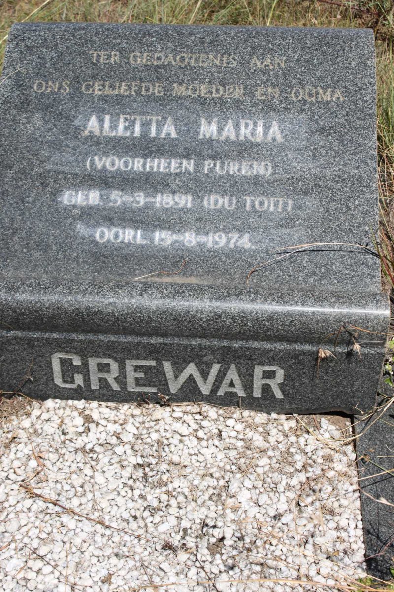 GREWAR Aletta Maria formerly PUREN nee DU TOIT 1891-1974