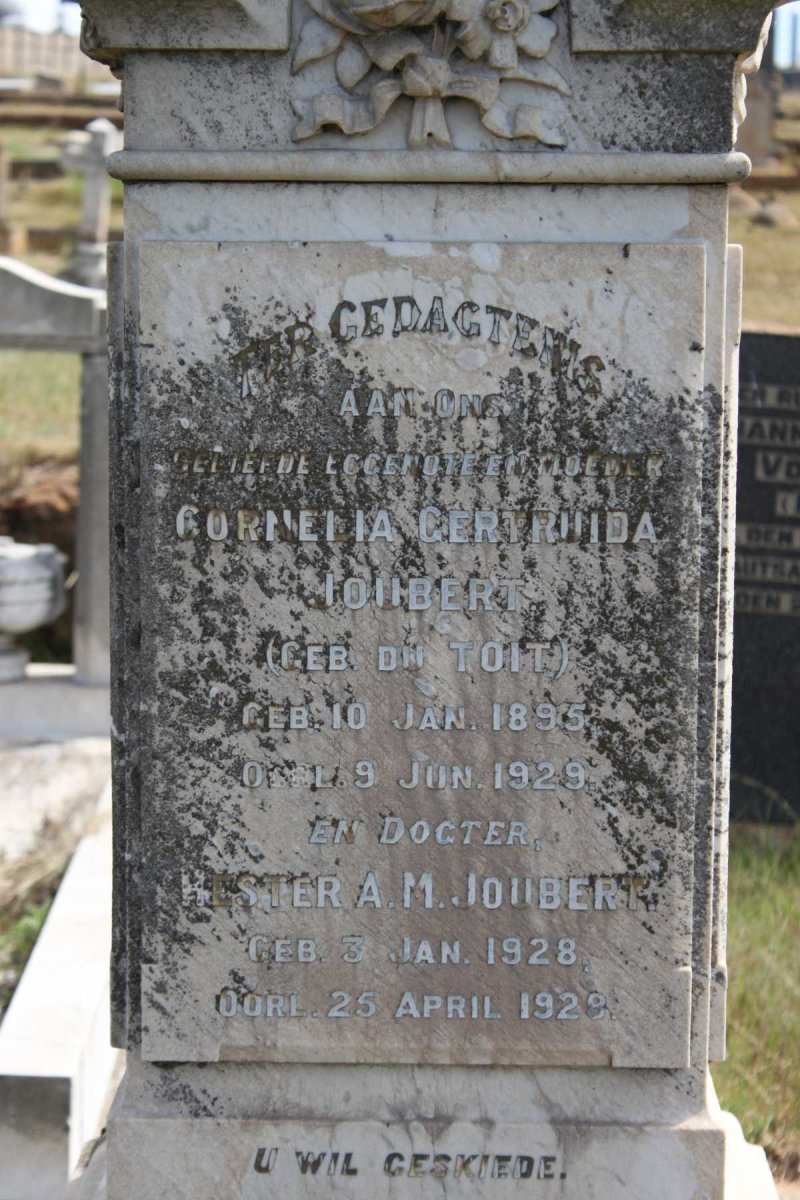 JOUBERT Cornelia Gertruida geb DU TOIT 1895-1929 :: JOUBERT Hesther A.M. 1928-1928