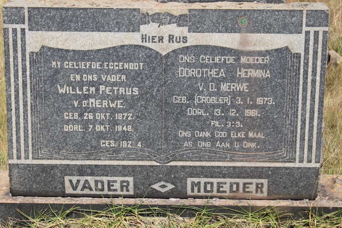 MERWE Willem Petrus, v.d. 1872-1948 &amp; Dorothea Hermina GROBLER 1973-1961
