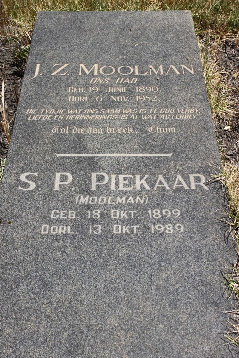 MOOLMAN J.Z. 1890-1952 :: PIEKAAR S.P. nee MOOLMAN 1899-1989