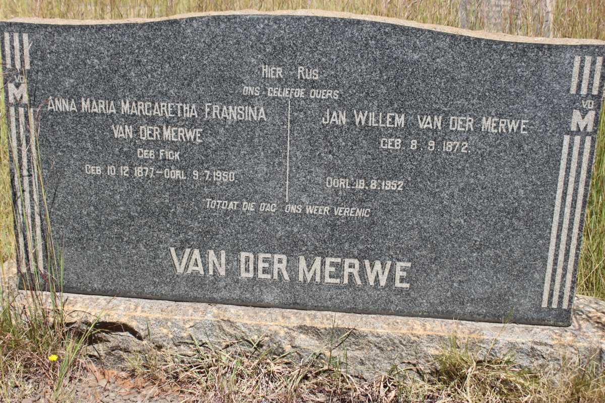 MERWE Jan Willem, van der 1872-1952 &amp; Anna Maria Margaretha Fransina FICK 1877-1950