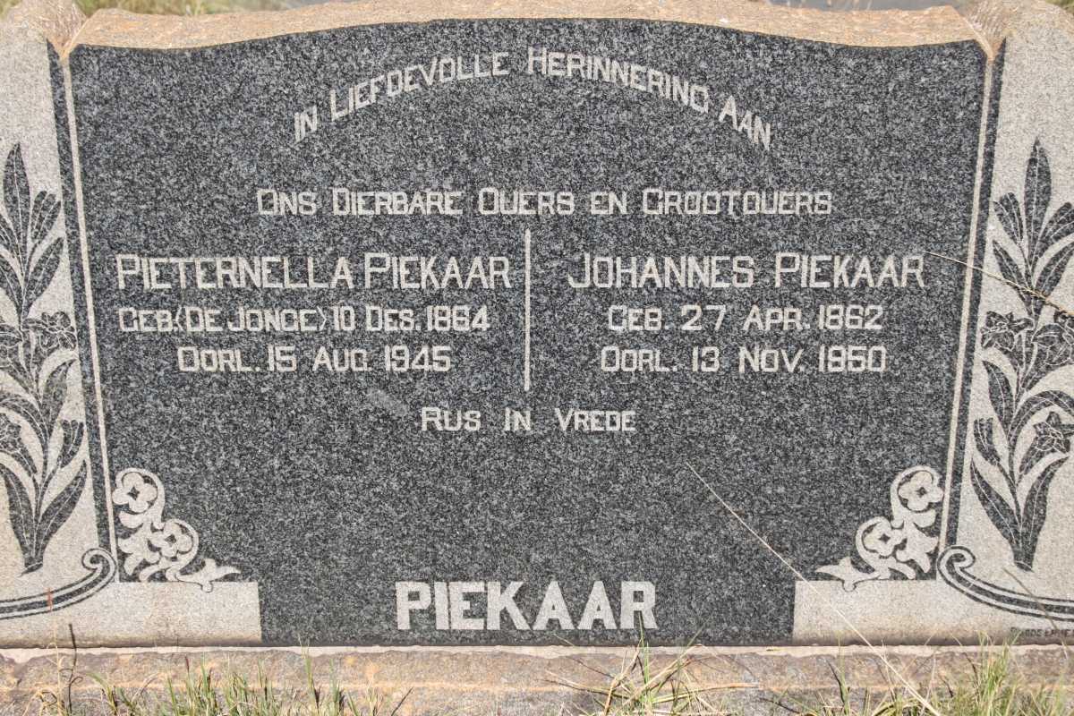 PIEKAAR Johannes 1862-1950 &amp; Pieternella DE JONGE 1884-1945