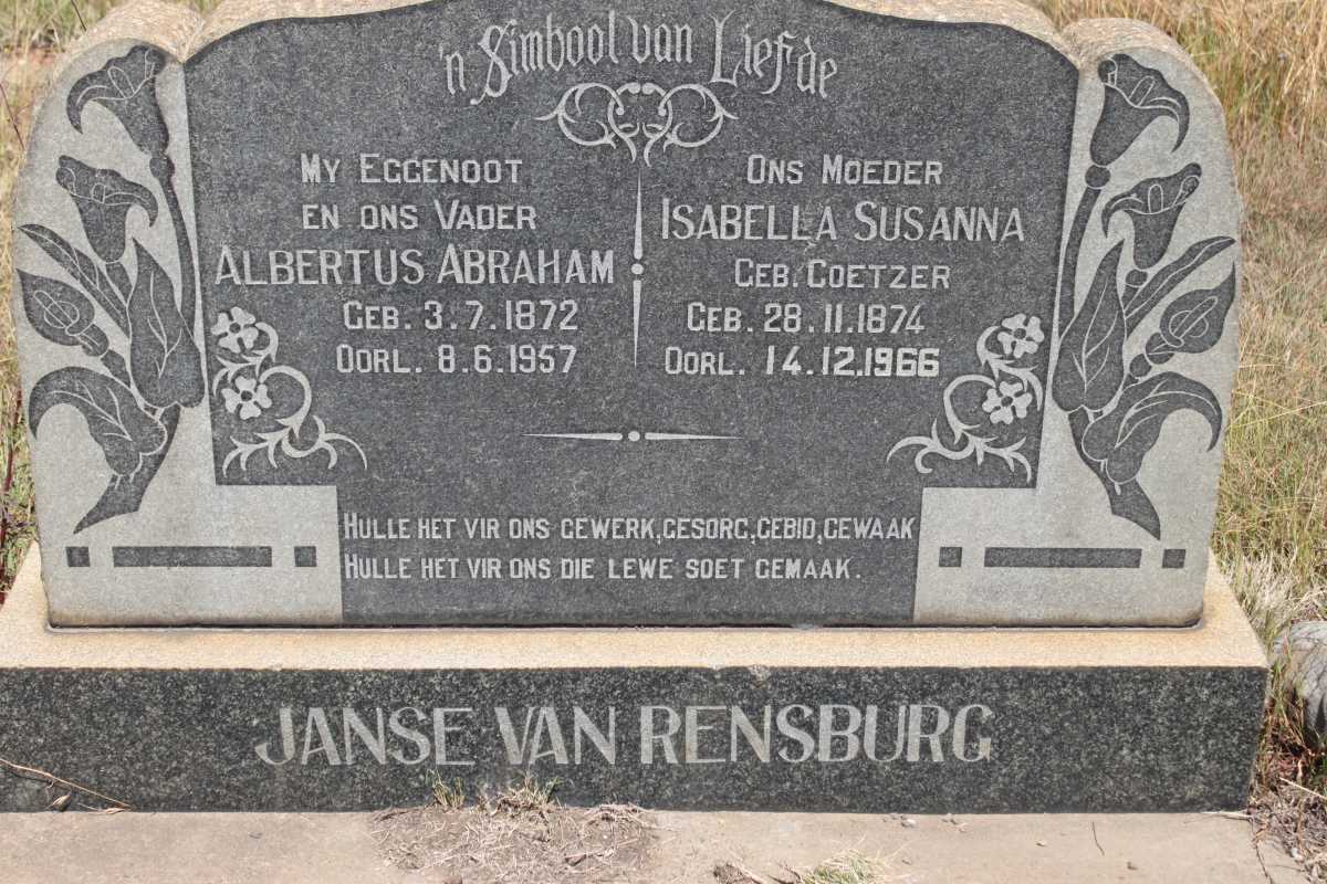 RENSBURG Albertus Abraham, Janse van 1872-1957 &amp; Isabella Susanna COETZER 1874-1966