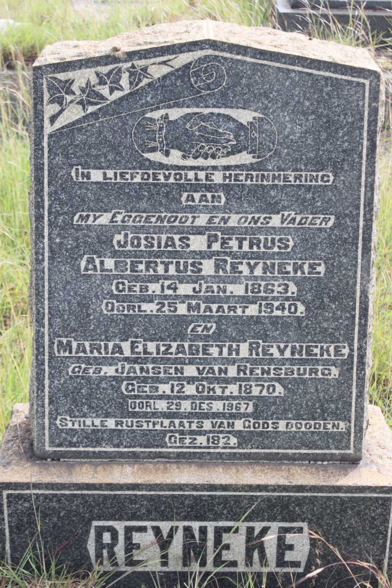 REYNEKE Josias Petrus Albertus 1863-1940 &amp; Maria Elizabeth Jansen van RENSBURG 1870-1967