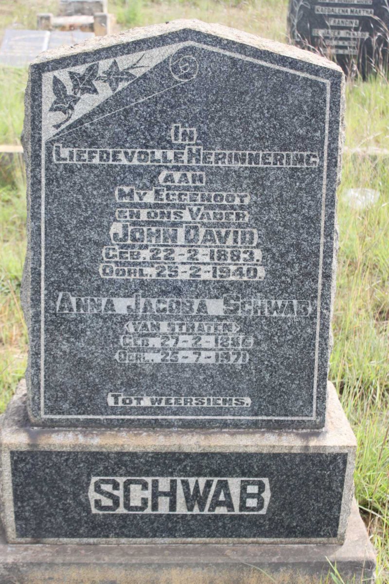 SCHWAB John David 1883-1940 &amp; Anna Jacoba VAN STRATEN 1886-1971