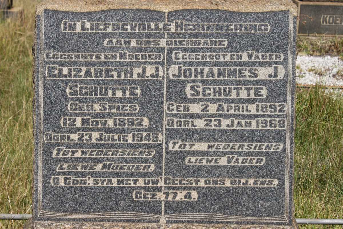 SCHUTTE Johannes J. 1892-1968 &amp; Elizabeth J.J. SPIES 1892-1945