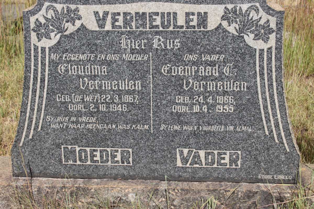 VERMEULEN Coenraad T. 1866-1955 &amp; Gloudina DE WET 1867-1946