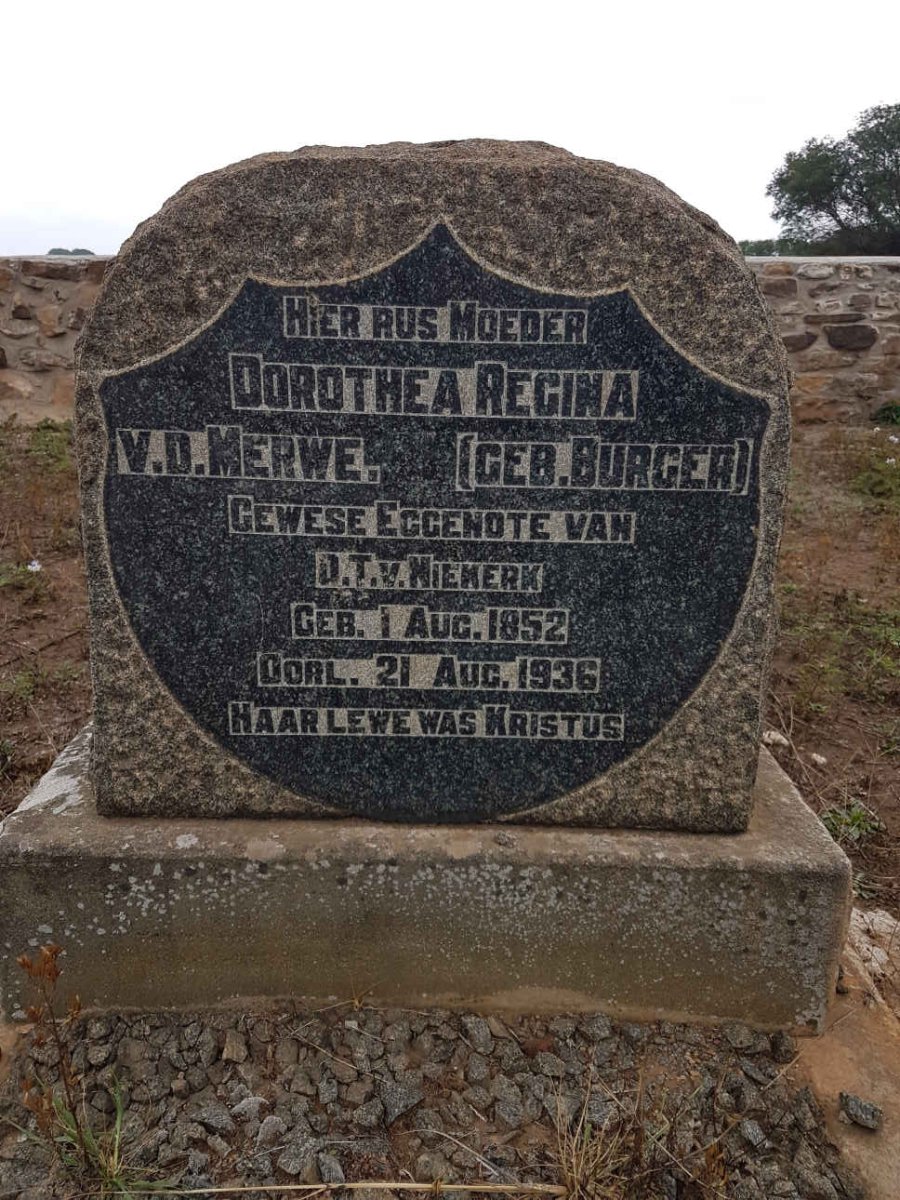 MERWE Dorothea Regina, van der voorheen VAN NIEKERK nee BURGER 1852-1936