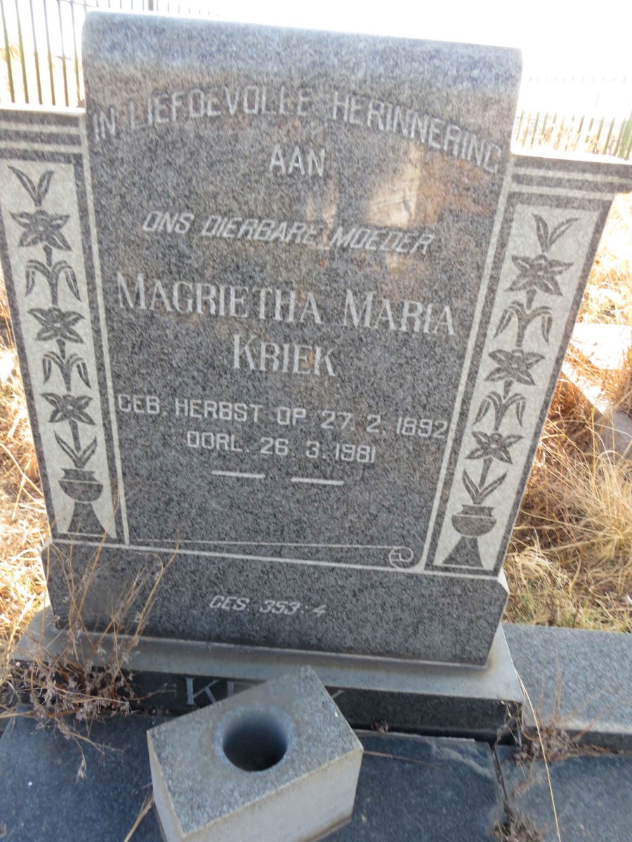 KRIEK Magrietha Maria nee HERBST 1892-1981