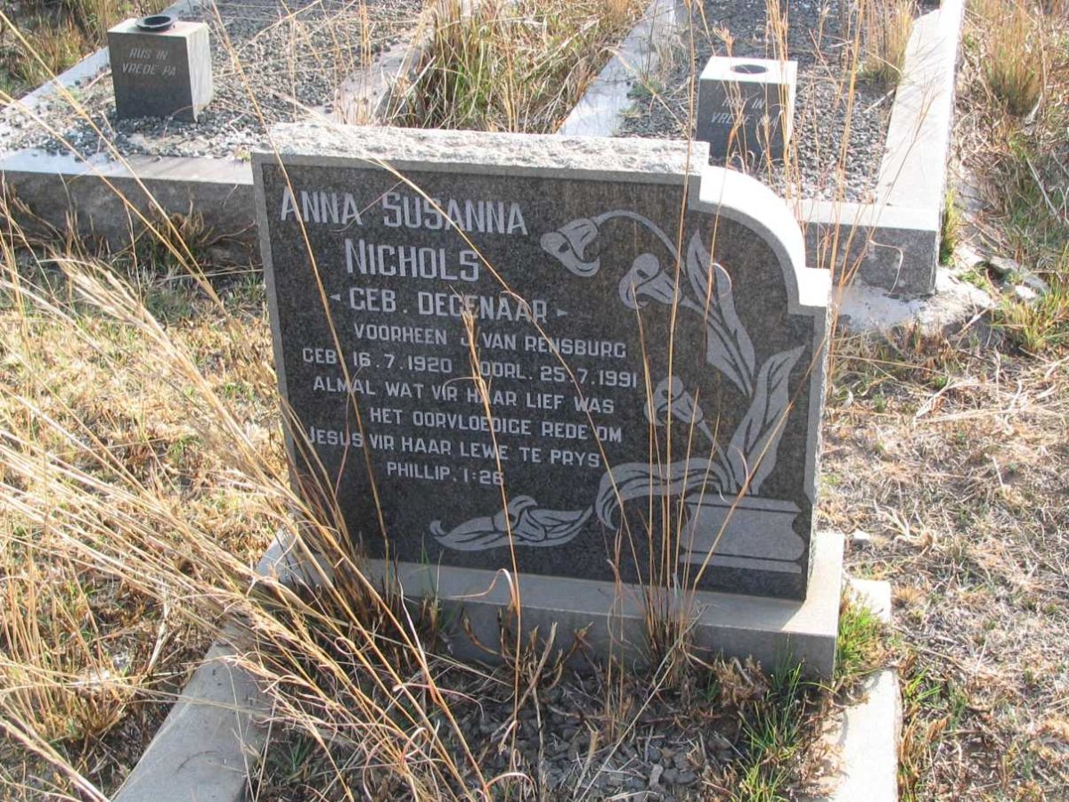 NICHOLS Anna Susanna voorheen J. VAN RENSBURG nee DEGENAAR 1920-1991