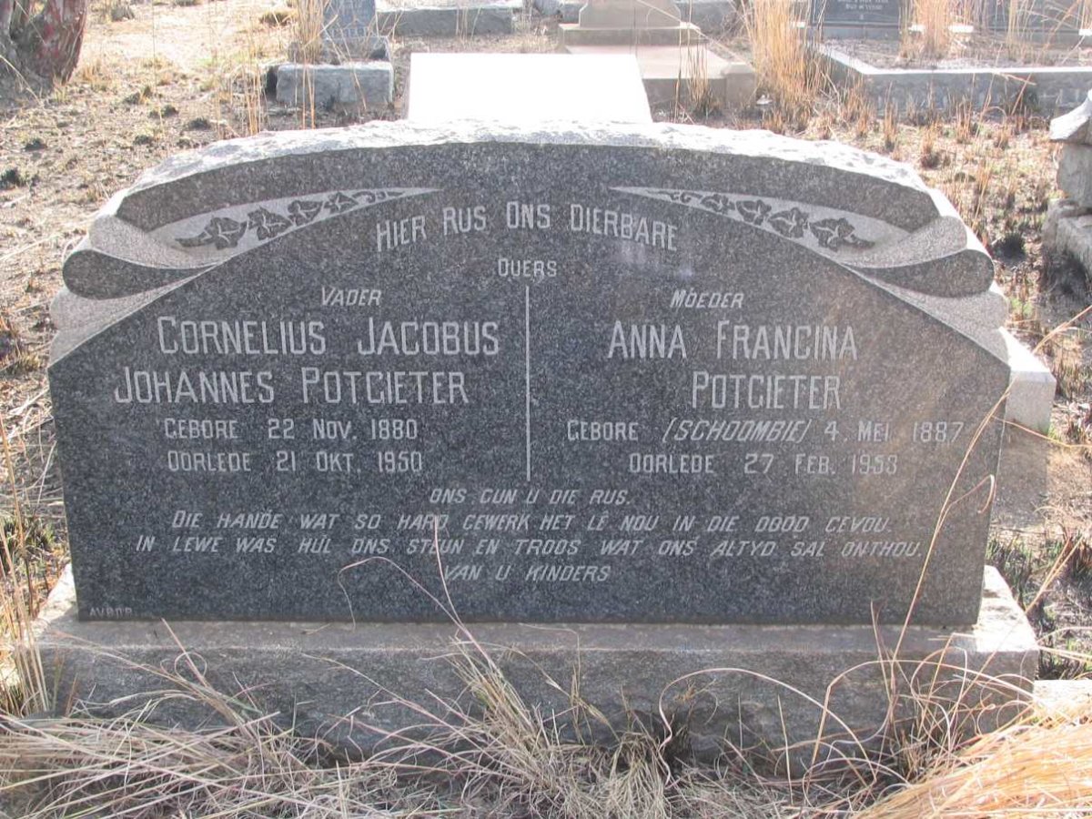 POTGIETER Cornelius Jacobus Johannes 1880-1950 &amp; Anna Francina SCHOOMBIE 1887-1953