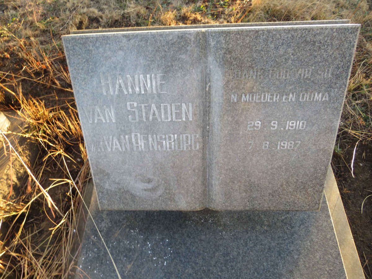 STADEN Hannie, van voorheen VAN RENSBURG 1910-1987