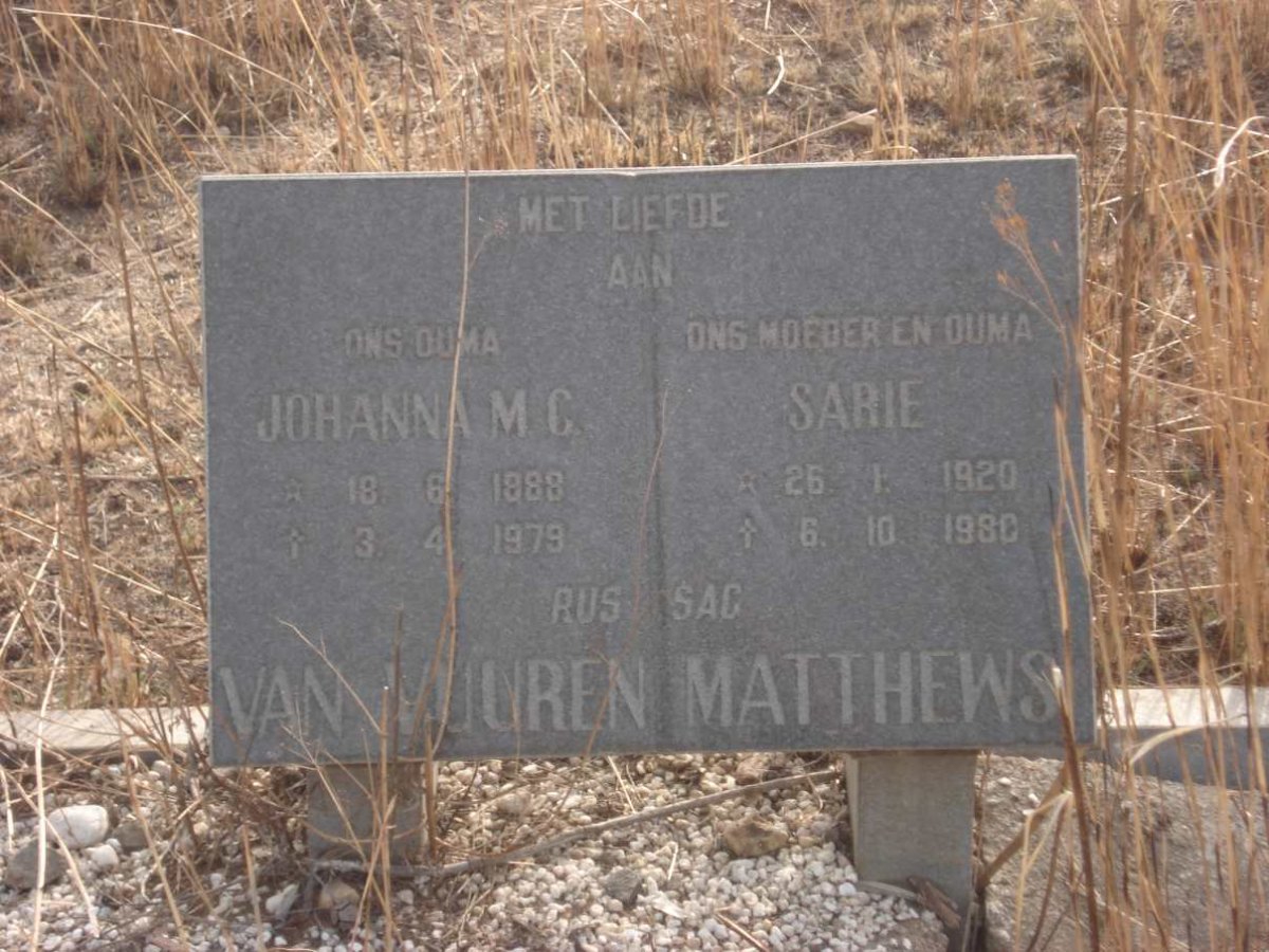 VUUREN Johanna M.C., van 1888-1979 :: MATTHEWS Sarie 1920-1980