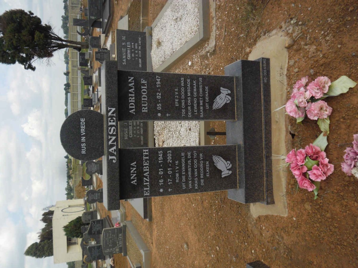 JANSEN Adriaan Rudolf 1947- &amp; Anna Elizabeth 1945-2003