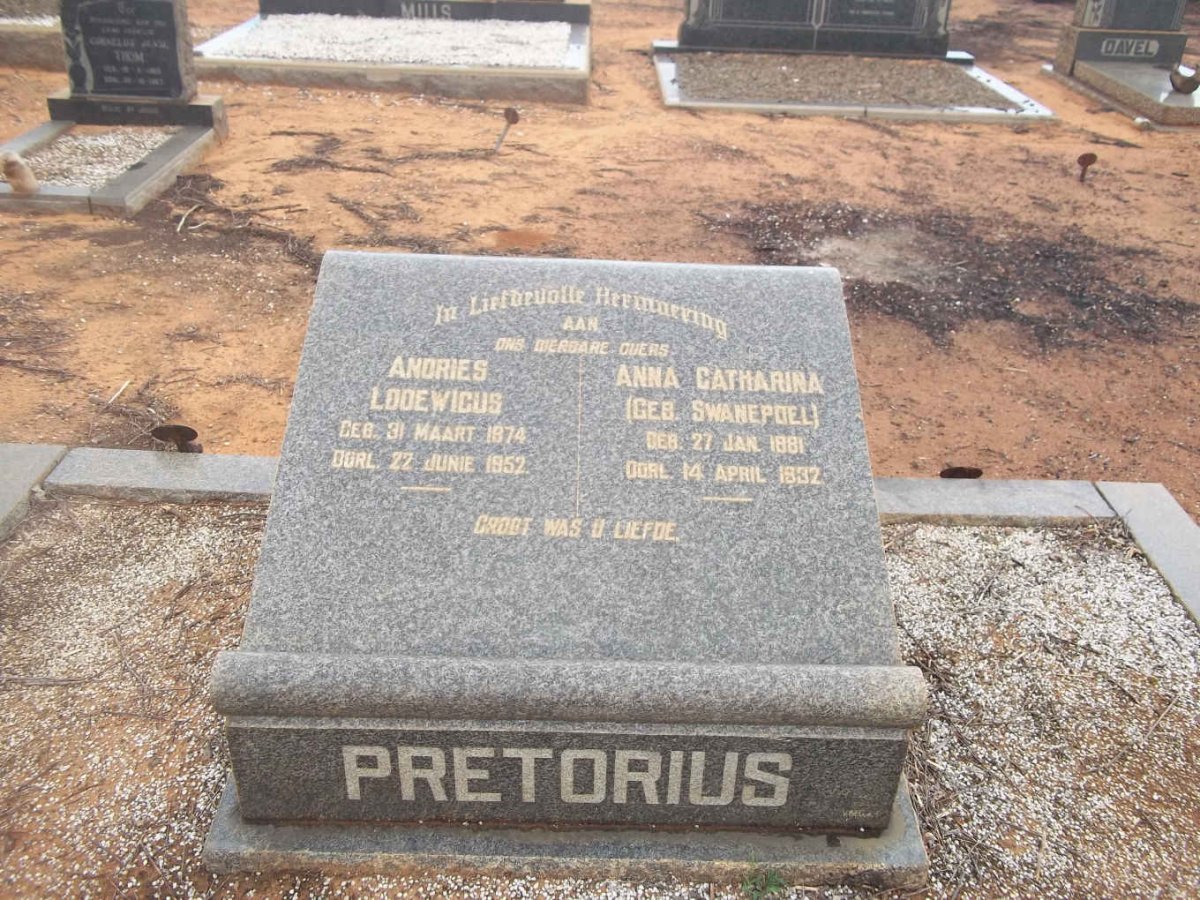 PRETORIUS Andries Lodewicus 1874-1952 &amp; Anna Catharina SWANEPOEL 1881-1932