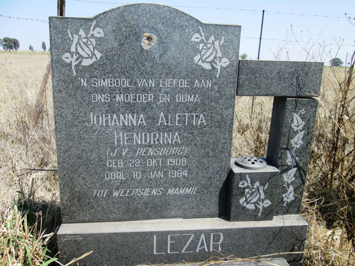LEZAR Johanna Aletta Hendrina nee J.V. RENSBURG 1908-1984
