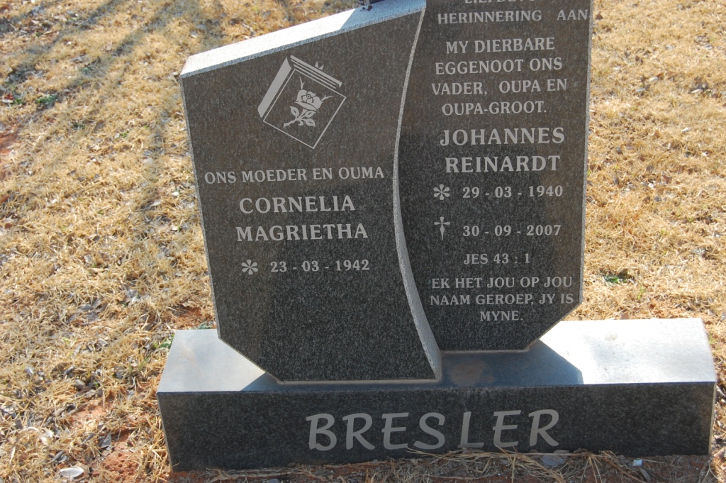 BRESLER Johannes Reinardt 1940-2007 &amp; Cornelia Magrietha 1942-