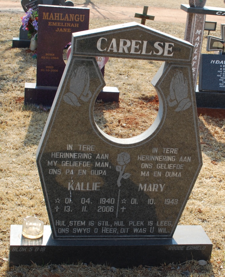 CARELSE Kallie 1940-2006 &amp; Mary 1943-