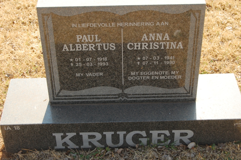 KRUGER Paul Albertus 1918-1993 &amp; Anna Christina 1941-1990