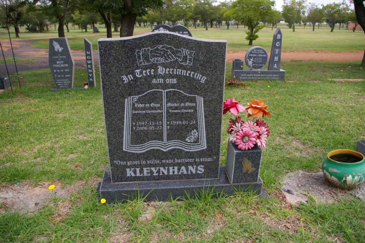 KLEYNHANS Joachim Christoffel 1947-2006 &amp; Yvonne Cynthia 1949-