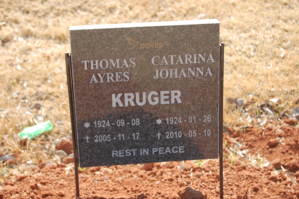 KRUGER Thomas Ayres 1924-2005 &amp; Catharina Johanna 1924-2010