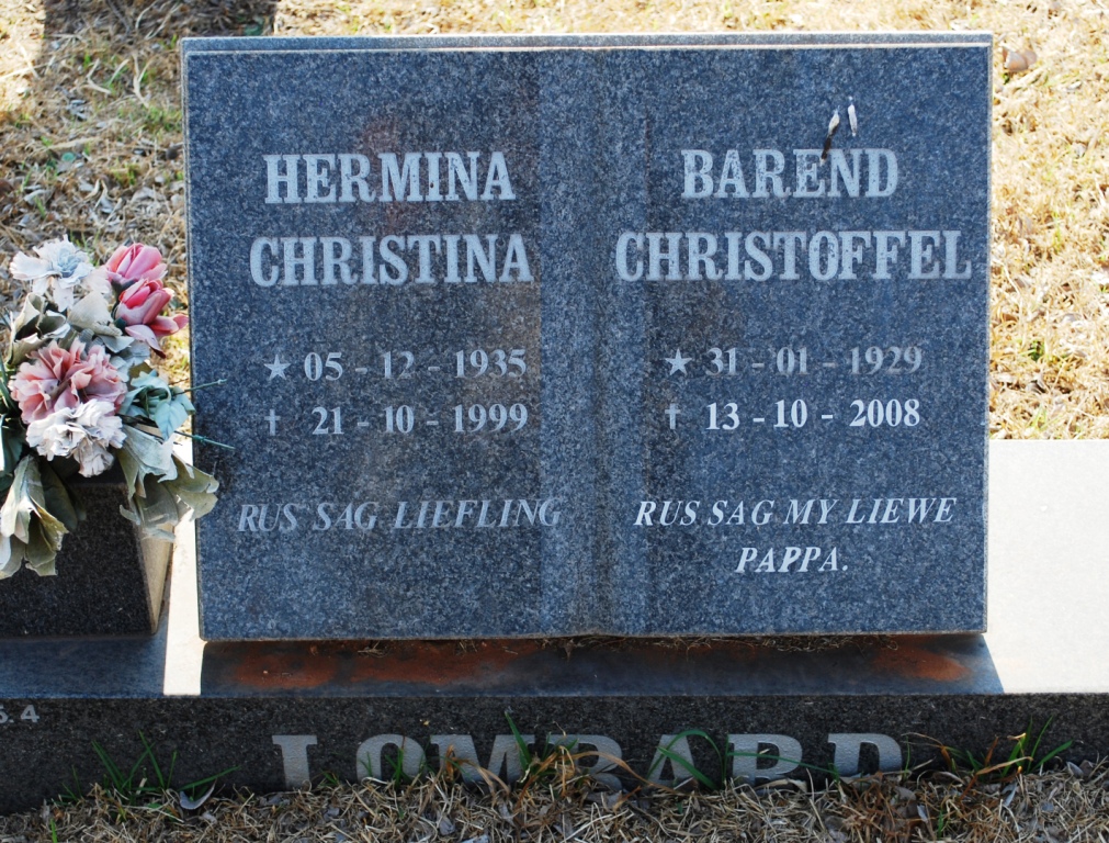 LOMBARD Barend Christoffel 1935-1999 &amp; Hermina Christina 1929-2008
