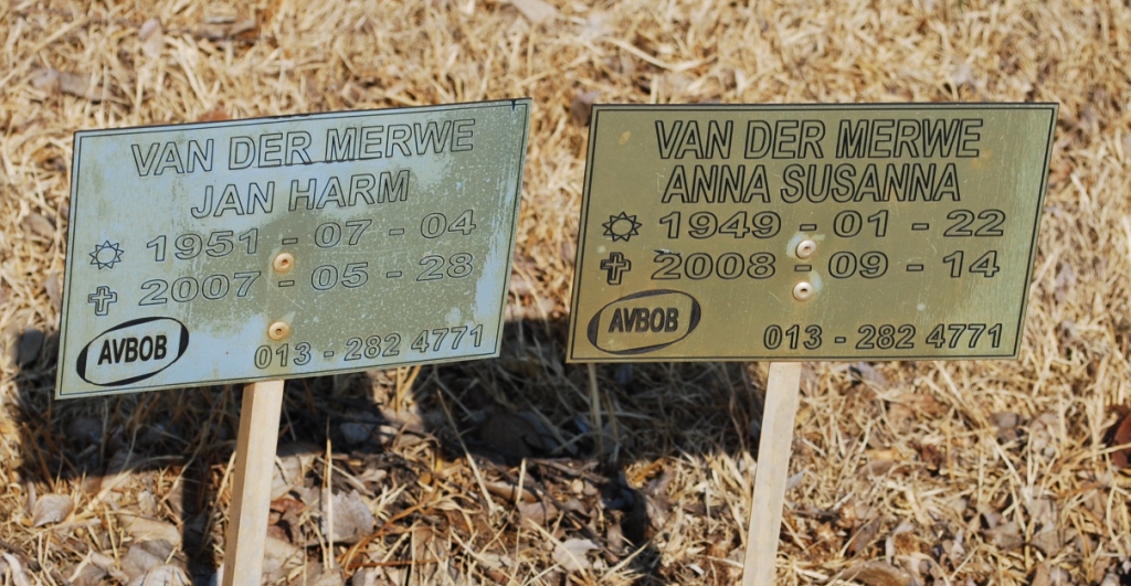 MERWE Jan Harm, van der  1951-2007 &amp; Anna Susanna 1949-2008