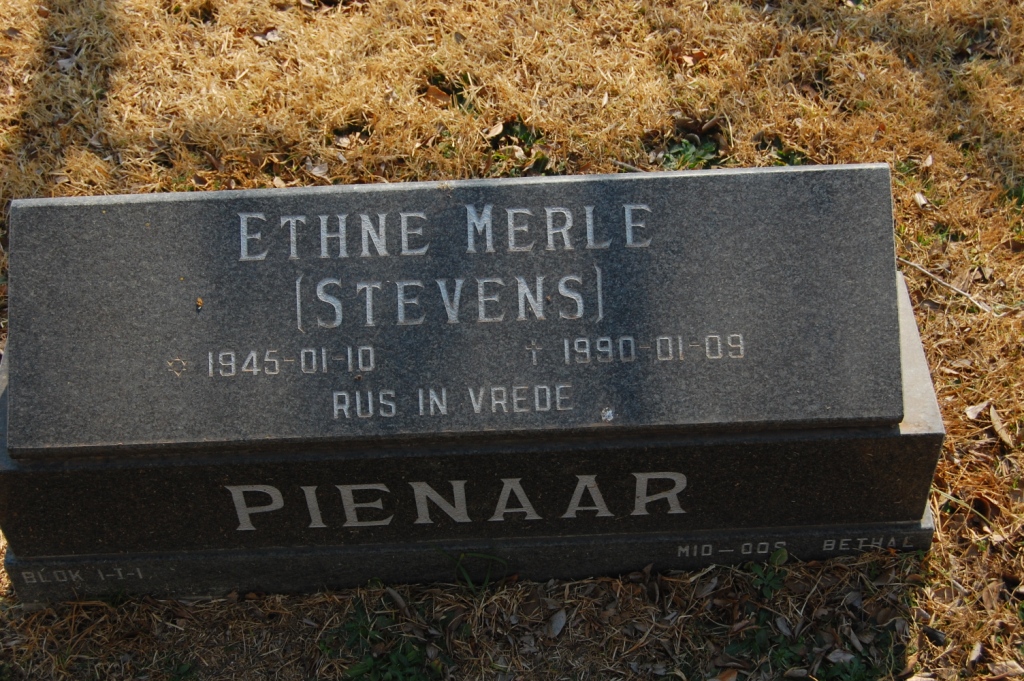 PIENAAR Ethne Merle nee STEVENS 1945-1990