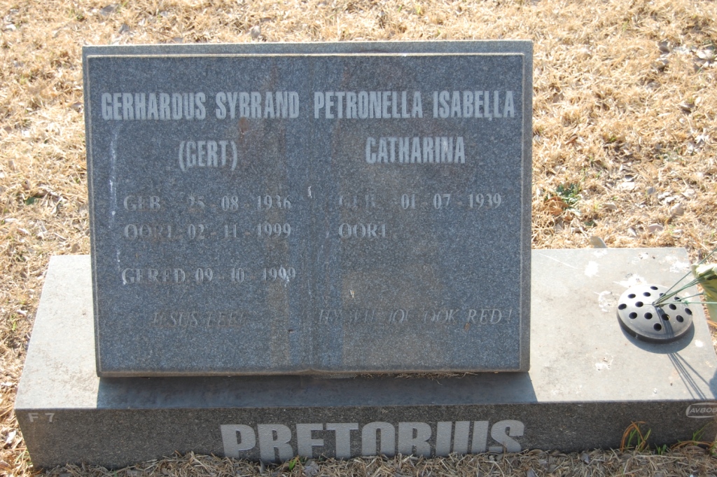 PRETORIUS Gerhardus Sybrand 1936-1999 &amp; Petronella Isabella Catharina 1939-