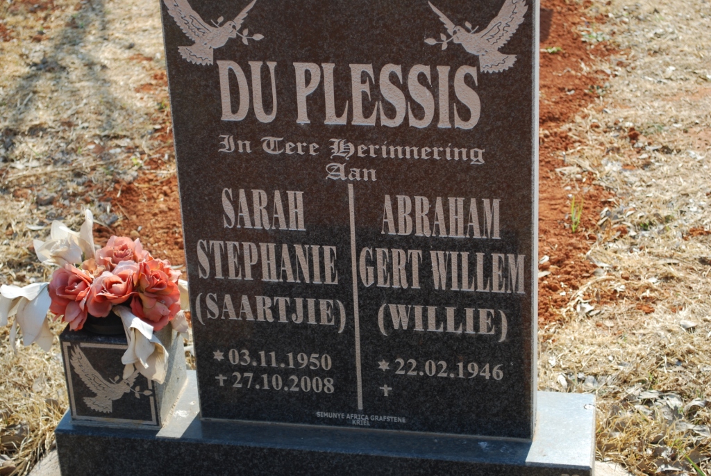 PLESSIS Abraham Gert Willem, du 1946- &amp; Sarah Stephanie 1950-2008