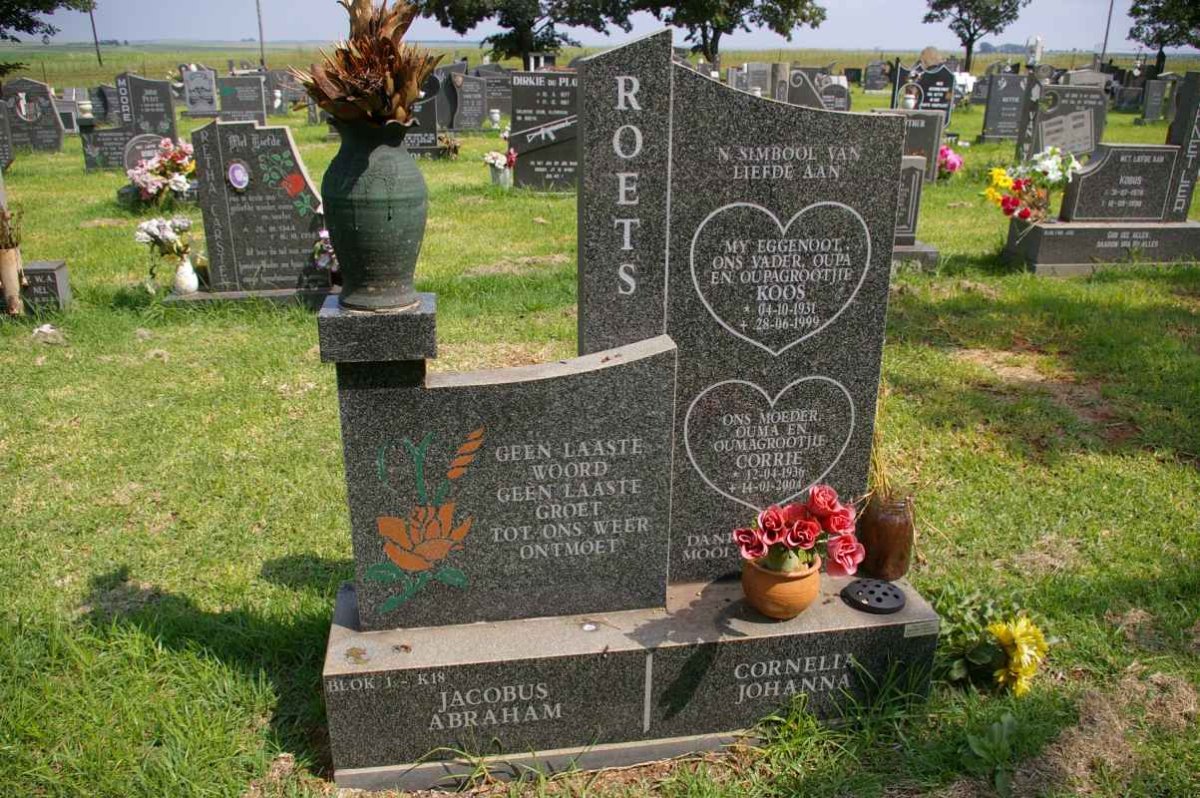 ROETS Jacobus Abraham 1931-1999 &amp; Cornelia Johanna 1936-2004