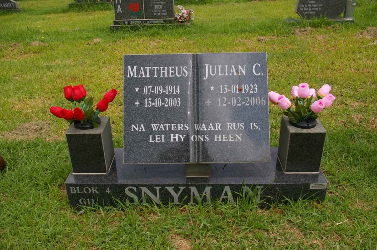 SNYMAN Mattheus 1914-2003 &amp; Julian C. 1923-2006