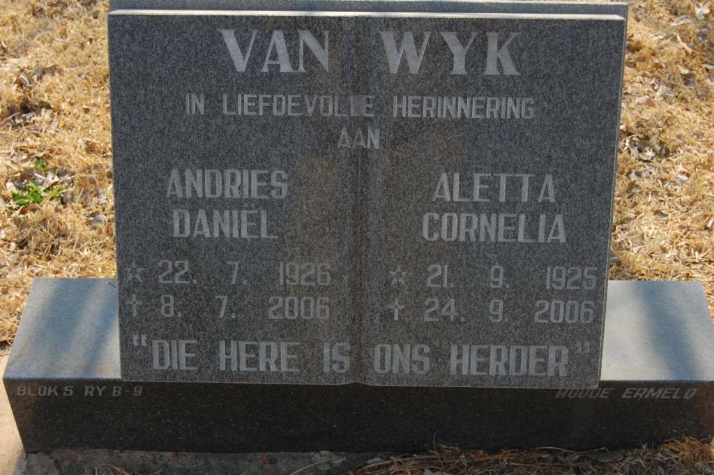 WYK Andries Daniël, van 1926-2006 &amp; Aletta Cornelia 1925-2006