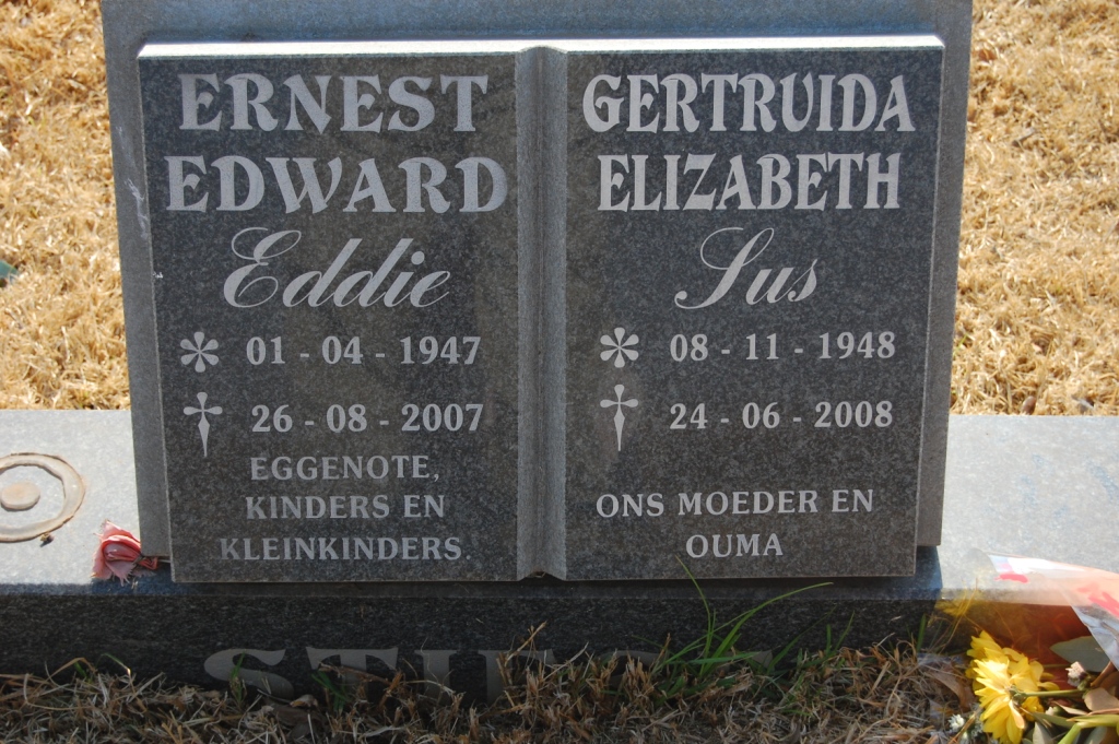? STIE??  Ernest Edward 1947-2007 &amp; Gertruida Elizabeth 1948-2008