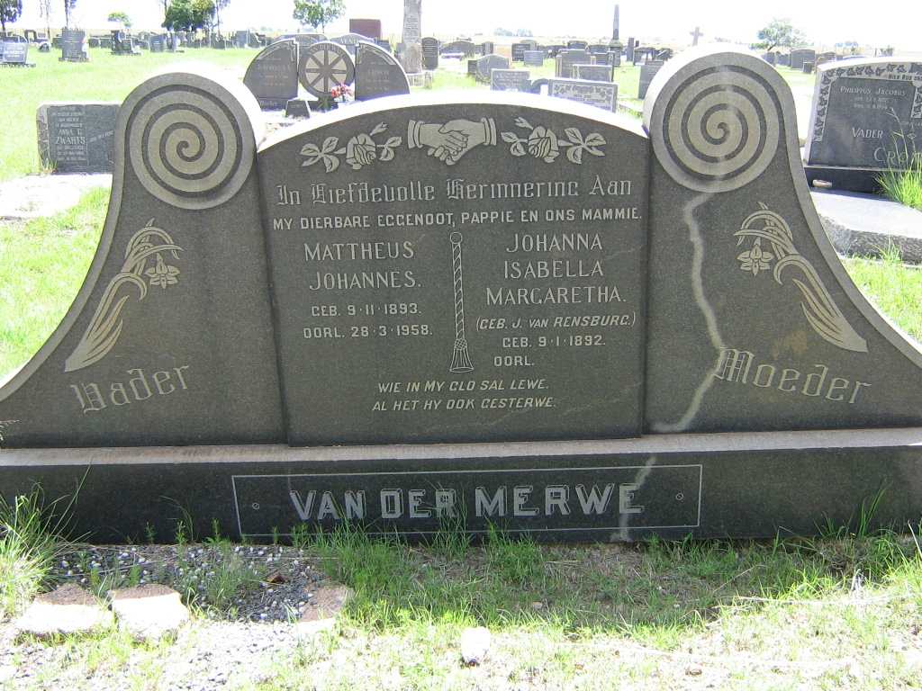 MERWE Mattheus Johannes, van der 1893-1958 &amp; Johanna Isabella Margaretha nee J. VAN RENSBURG 1892-