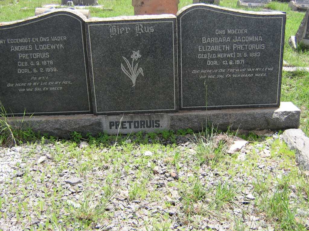 PRETORIUS Andries Lodewyk 1876-1959 &amp; Barbara Jacomina Elizabetha V.D. MERWE 1883-1971