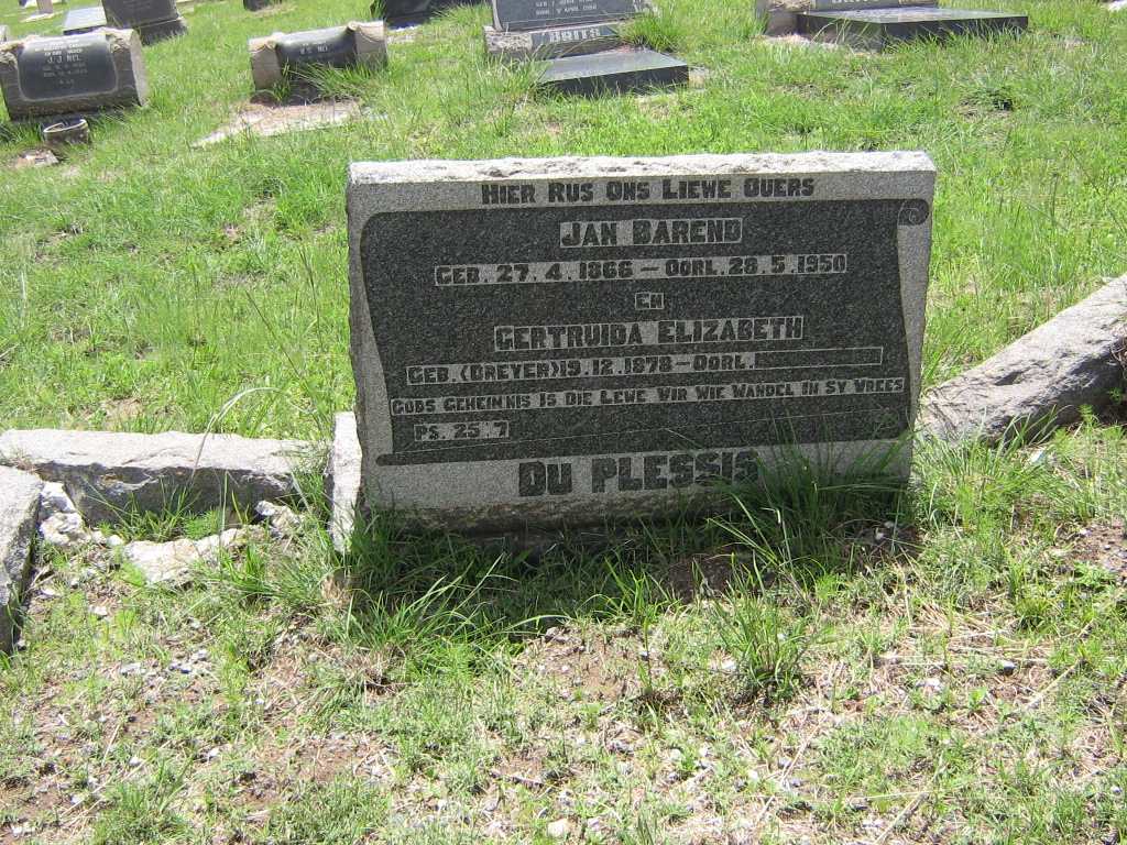 PLESSIS Jan Barend, du 1866-1950 &amp; Gertruida Elizabeth nee DREYER 1878-