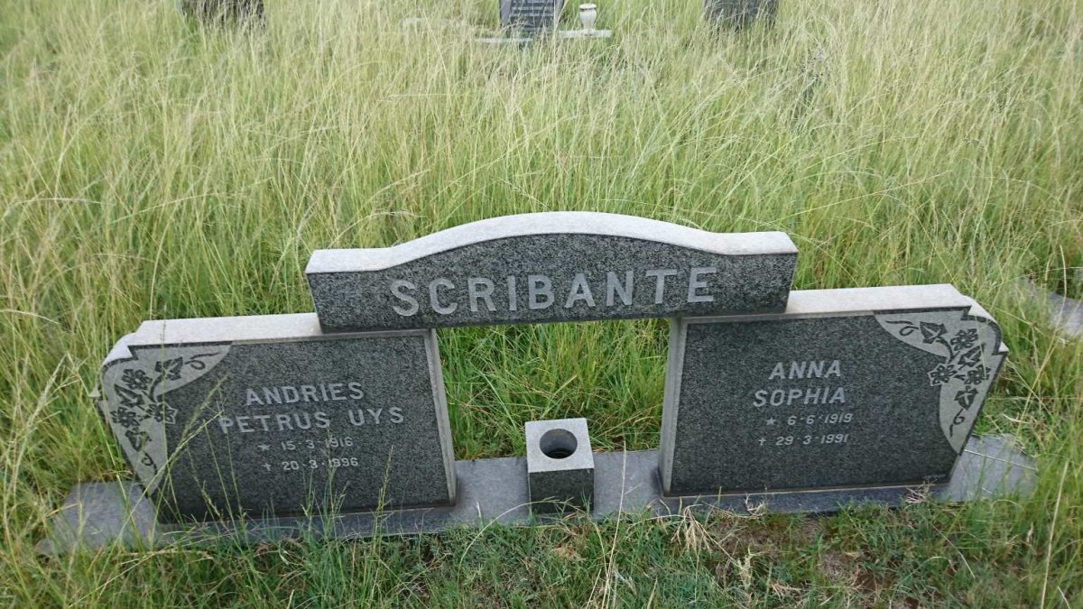 SCRIBANTE Andries Petrus Uys 1916-1996 &amp; Anna Sophia 1919-1991