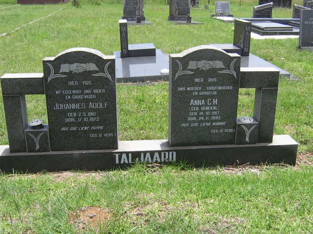TALJAARD Johannes Adolf 1910-1972 &amp; Anna C.M. SENEKAL 1917-1993