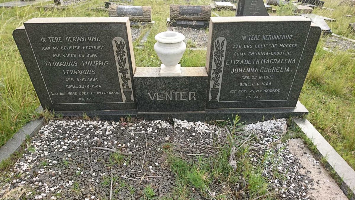 VENTER Gerhardus Philippus Leonardus 1894-1964 &amp; Elizabeth Magdalena Johanna Cornelia 1902-1984