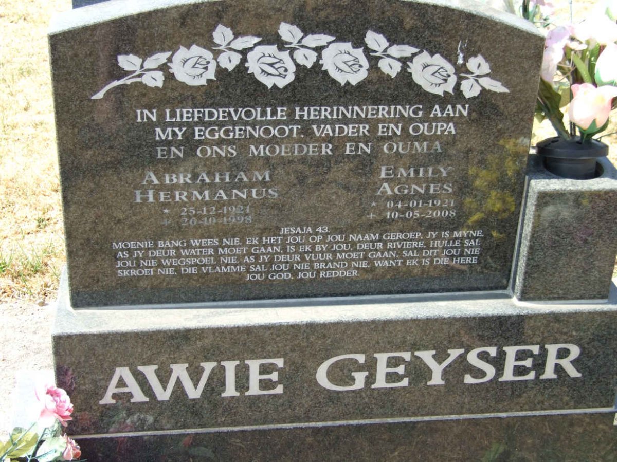 GEYSER Abraham Hermanus 1921-1998 &amp; Emily Agnes 1921-2008