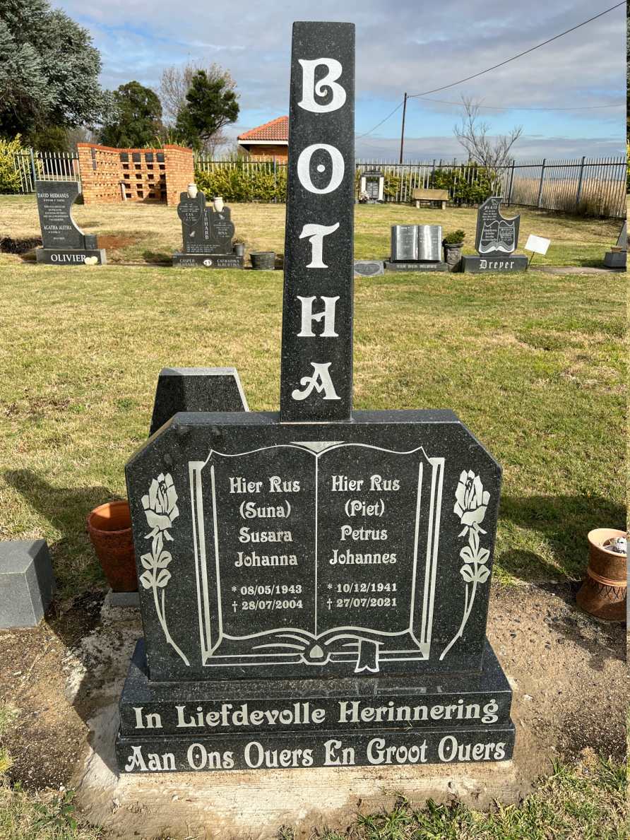 BOTHA Petrus Johannes 1941-2021 &amp; Susara Johanna DE BEER 1943-2004