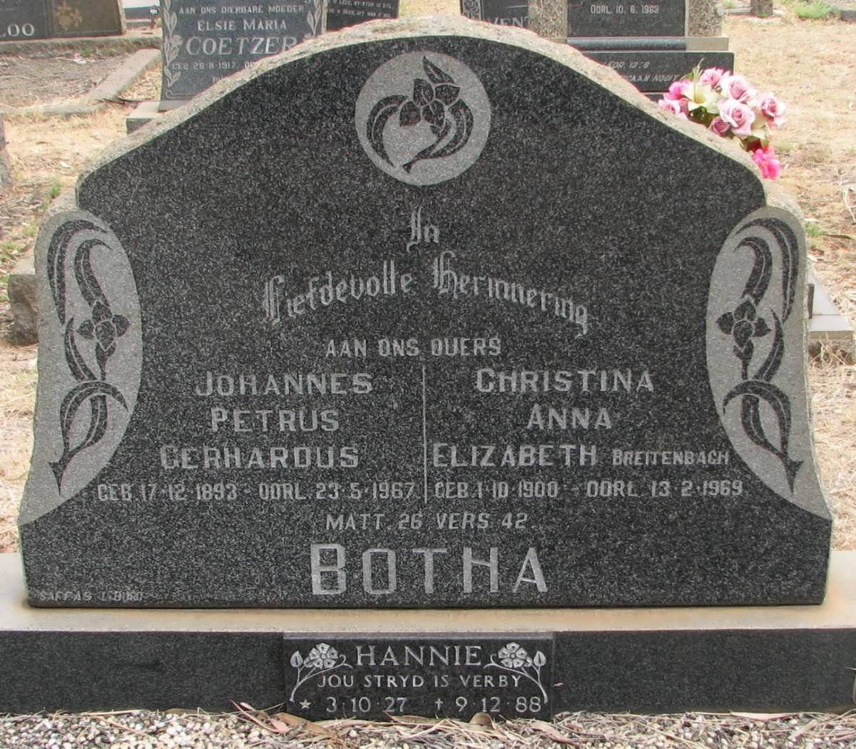 BOTHA Johannes Petrus Gerhardus 1893-1967 & Christina Anna Elizabeth BREITENBACH 1900-1969 :: BOTHA Hannie 1927-1988