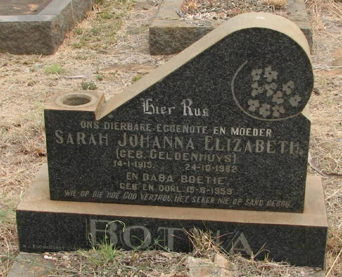BOTHA Sarah Johanna Elizabeth nee GELDENHUYS 1915-1962 :: BOTHA 1959-1959