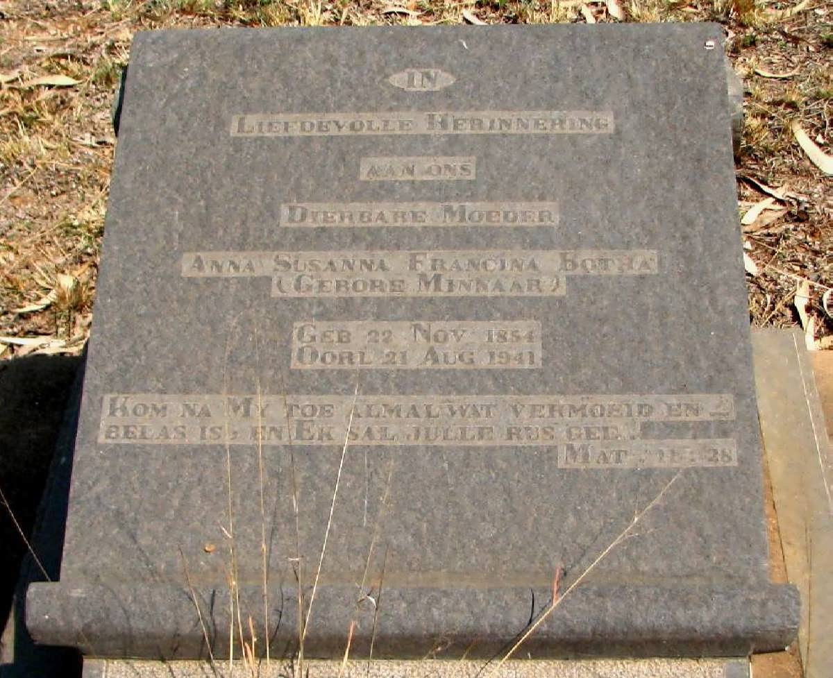 BOTHA Anna Susanna Francina nee MINNAAR 18?4-1941
