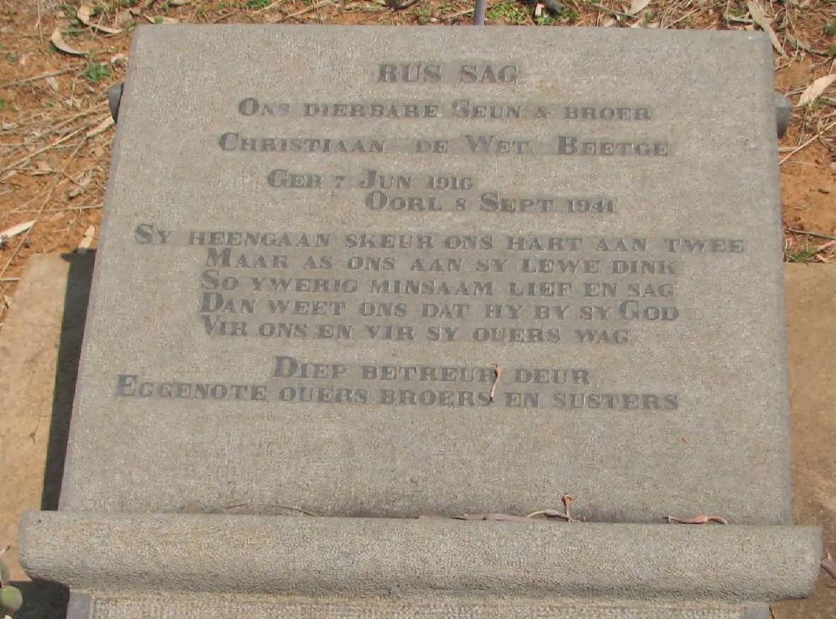 BEETGE Christiaan de Wet 1916-1941
